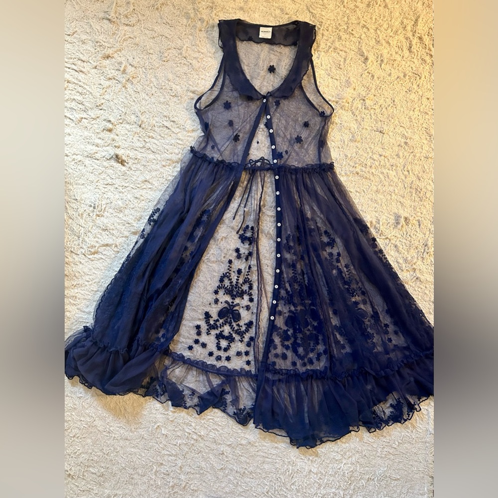 Free People Intimately Maxi Button Front Mesh Slip Dress w/ Collar Sz Small Navy